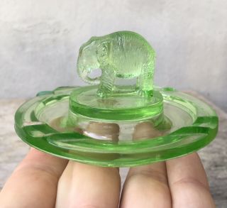 Vintage Green Depression Glass Cigar 4” Ashtray With Figural Elephant On Top