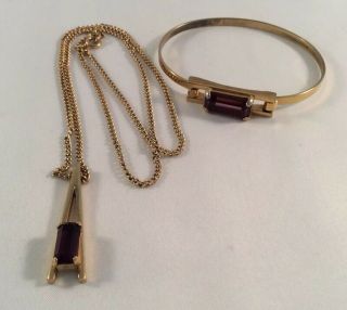 Vintage Avon Gold Tone Purple Glass Stone Modernist Necklace & Bracelet