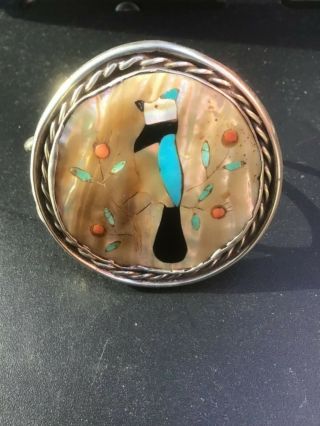 Vintage Navajo Turquoise Abalone Sterling Silver Cuff Bracelet W/inlaid Bird