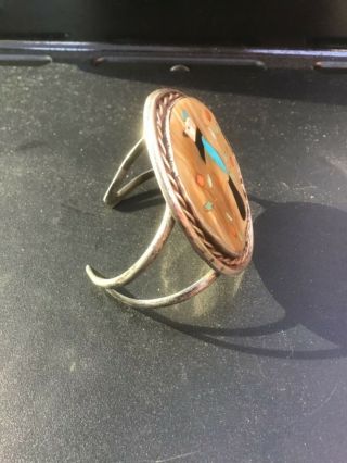 Vintage NAVAJO TURQUOISE ABALONE STERLING SILVER CUFF BRACELET W/INLAID BIRD 2