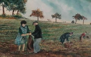 A Vintage French Art Work / Oil Painting Of Potato Pickers