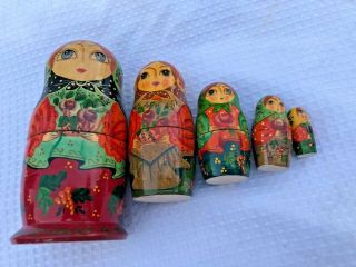 Russian Matryoshka Nesting Dolls Hand Painted Vintage Set Of 5 Signed