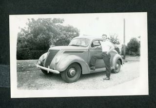 Vintage Car Photo Proud Owner Man Smoking Pipe W/ 1937 Ford Coupe 391071