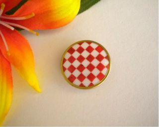 Antique Vtg French Art Deco Red & White Check Glass Enamel Metal Rimmed Button