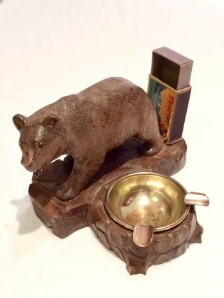 Antique Bavarian / Black Forest Carved Wood Bear Smoking Companion & Vesta