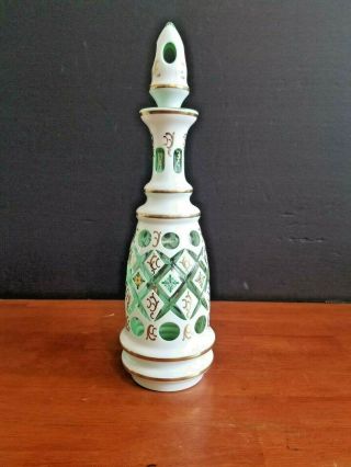 Antique Bohemian Moser Glass Decanter White Cut To Green Floral Gold Gilt 14.  5 "