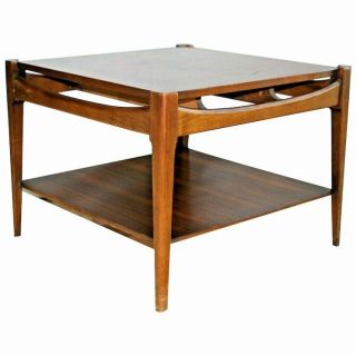 Vintage Mid Century Modern Lamp Table Bassett Furniture Walnut Bottom Shelf