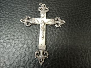 Antique French Sterling Silver Mother Of Pearl Jesus Crucifix Cross Filigree