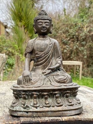 Chinese Ming Dynasty Bronze Buddha Seated In Lotus Base Traces Of Gilt