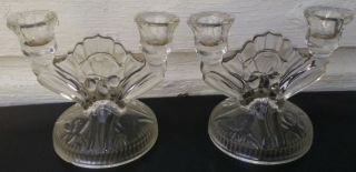 Vintage Pair Elegant Deco Crystal Glass Double Candelabras Lily Candle Holders