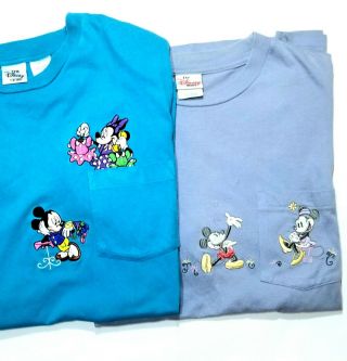 2 Vintage Disney Store Mickey Minnie Mouse Pocket Shirts Embroidered Size L