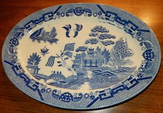 12.  5 " X 9 " Vintage Oval Platter Plate Bright Blue Willow Japan White Porcelain