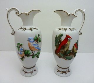 Vintage Japan Porcelain Bluebird & Cardinal Mantle Ewer Vase Pair,  C.  1950s