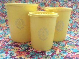 Vintage Set Of 3 Tupperware Servalier Canisters Canary Yellow W/ Lids 70s Decor