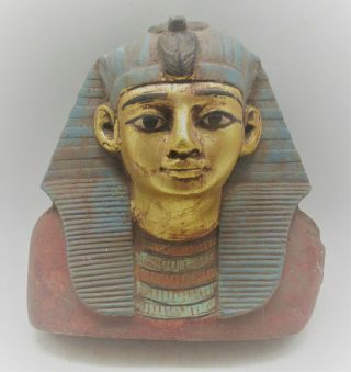 Old Antique Egyptian Stone Bust Of Pharoah With Gold Gilt Large