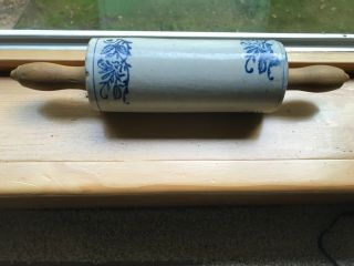 Antique Vintage Stoneware Rolling Pin / Blue And White.  Very Old Unique Handles