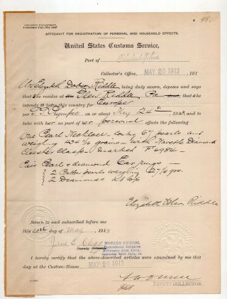 1913 U.  S.  Customs Document For Jewelry On Oceanic