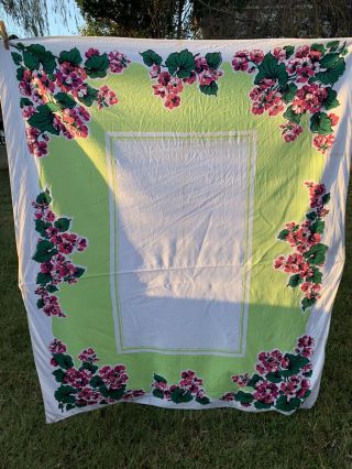 Vintage Lime Green & White With Pink Geraniums Tablecloth