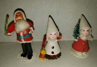 Vintage Christmas Paper Mache Santa Claus With Tree And 2 Elves Japan