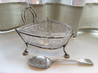 Antique Victorian Silver Plated And Cut Glass Footed Butter/jam Dish