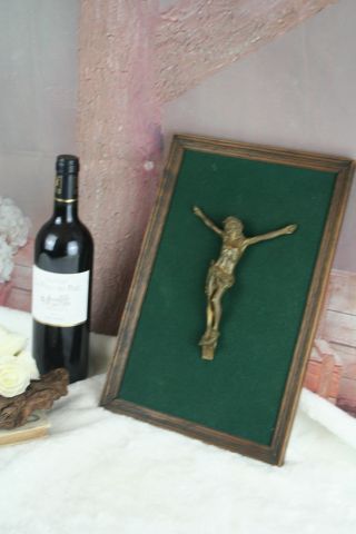 French Antique Crucifix Bronze Christ On Velvet Framed Religious 1900