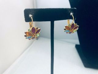 Vtg.  Joan Rivers Multi - Colored Rhinestone Gold Tone Flowers Pierced Earrings