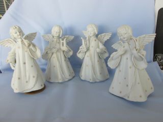 4 Vintage White Bisque Porcelain Angels 2 Music Box 2 Candle Schmid Bros Japan