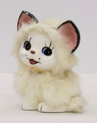 Vintage Ceramic Cat Statue With Fur And Darling Smile