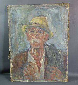 Antique Russian Old Man White Mustaches Fedora Hat Portrait Oil Canvas Painting