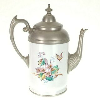 Antique White Graniteware Enamelware Teapot Pewter Trim Floral Butterfly Coffee