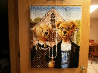 Vintage Latch Hook American Gothic Bears Hanging Complete 24x30 Ready To Hang