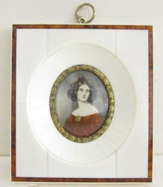2 Antique Miniature Portrait Oil Painting Victorian Lady In Celluloid Frame 3x4
