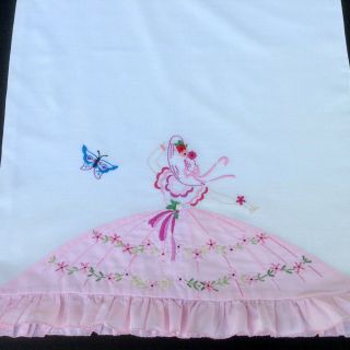 Southern Belle Pillowcase Appliqued Hand Embroidered Pink Skirt Ruffle Vtg