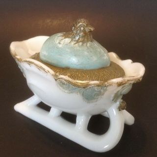 Vintage Hatching Chick On Sleigh Nest Milk Glass Candy Dish Blue Bronze