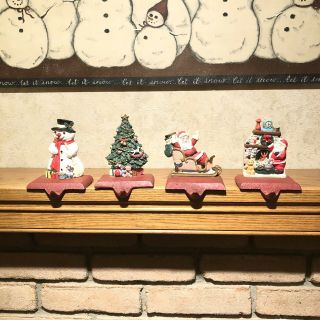(4) Vintage Cast Iron Painted Christmas Holiday Stocking Holder Fireplace Mantle