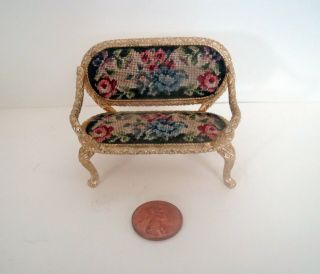 Antique Dollhouse Micro Petite Point & 24k Gold - Chippendale Settee Germany