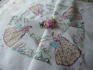 Vintage Hand Embroidered Tablecloth/ Exquisite Crinoline Ladies/country Setting