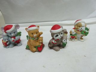 4 Christmas Santa Porcelain Animal Figurines Bears Dog Mouse 5254 Homco Vintage