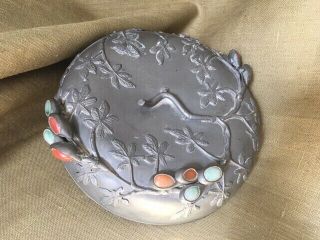 Antique Chinese Pewter Covered Bowl Or Casserole /w Jade & Colored Stones On Lid