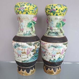Large Chinese Antique 19th C Famille Rose Hunters Story Vases