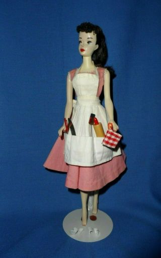 Vintage 3 Brunette Ponytail Barbie Wearing Apron W/ Utensils & Pink Dress