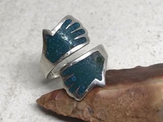 Vintage Mexico Taxco Sterling Silver Blue Stone Inlay Bypass Adjustable Ring