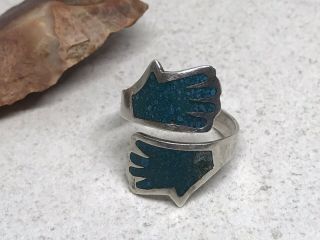 VINTAGE MEXICO TAXCO STERLING SILVER BLUE STONE INLAY BYPASS ADJUSTABLE RING 2
