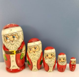 Wooden Nesting Santa Claus Dolls Vintage Set Of 5