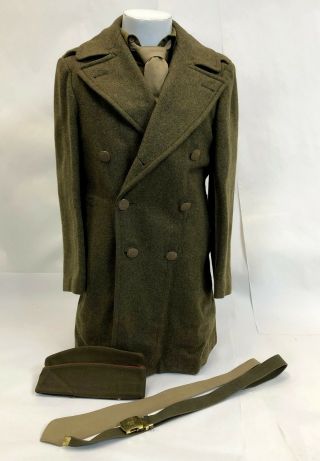 Antique 1942 1943 Ww2 Wwii Us Army Turner Wool Watch Pea Coat W/ Belt Shirt Cap