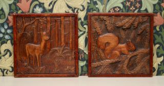 Vintage Pair Hand Carved Wooden Panels,  Woodland Deer & Squirrel