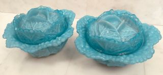 2 Antique French Blue Opaline Glass Lidded Cabbage Portieux Vallerysthal France