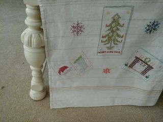 Vintage Hand Embroider Christmas Happy Year 17x49 Cotton Table Runner