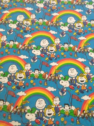 Vintage 1970 Peanuts Snoopy Charlie Brown Handmade Toddler Crib Sheet Blue 2