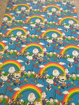 Vintage 1970 Peanuts Snoopy Charlie Brown Handmade Toddler Crib Sheet Blue 3